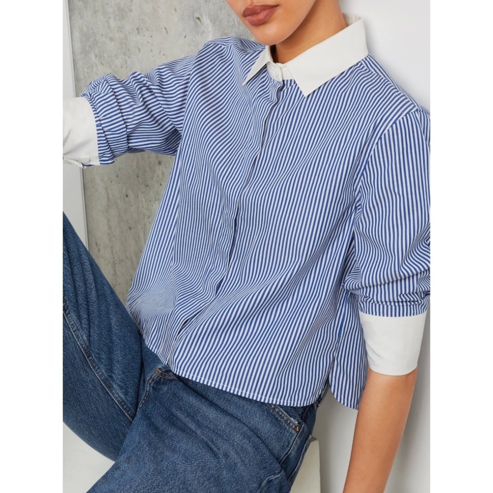 G. LABEL BY GOOP Mimi Cropped‎ Blue White Striped Button Down Shirt Women's 8